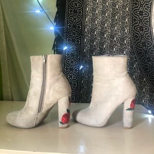 Grey Suede Embroidered Heeled Boots